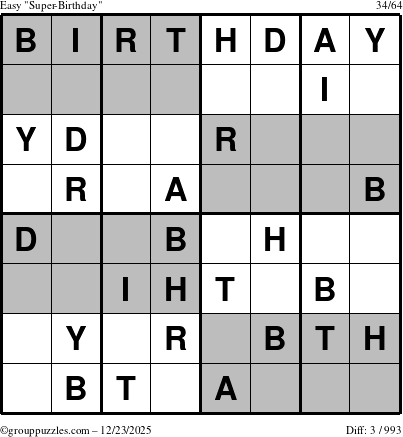 The grouppuzzles.com Easy Super-Birthday puzzle for Tuesday December 23, 2025