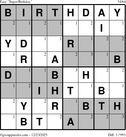 The grouppuzzles.com Easy Super-Birthday puzzle for Tuesday December 23, 2025 with the first 3 steps marked