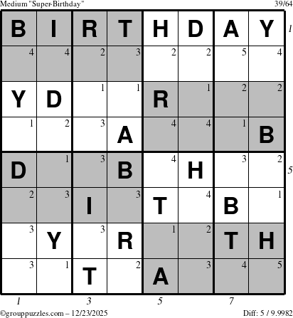 The grouppuzzles.com Medium Super-Birthday puzzle for Tuesday December 23, 2025 with all 5 steps marked