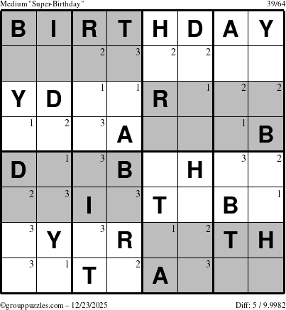 The grouppuzzles.com Medium Super-Birthday puzzle for Tuesday December 23, 2025 with the first 3 steps marked