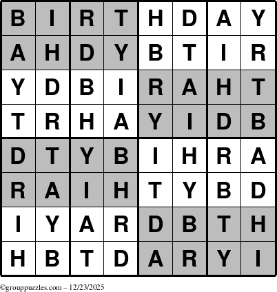 The grouppuzzles.com Answer grid for the Super-Birthday puzzle for Tuesday December 23, 2025