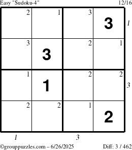 The grouppuzzles.com Easy Sudoku-4 puzzle for Thursday June 26, 2025, suitable for printing, with all 3 steps marked