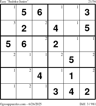 The grouppuzzles.com Easy Sudoku-Junior puzzle for Thursday June 26, 2025 with the first 3 steps marked
