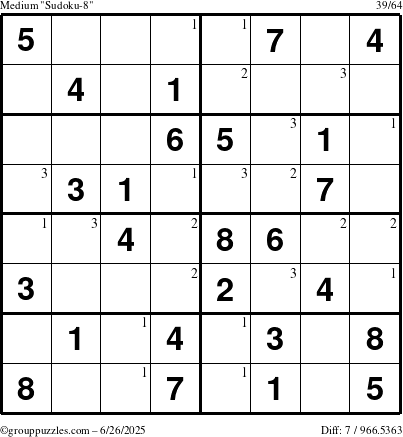 The grouppuzzles.com Medium Sudoku-8 puzzle for Thursday June 26, 2025 with the first 3 steps marked