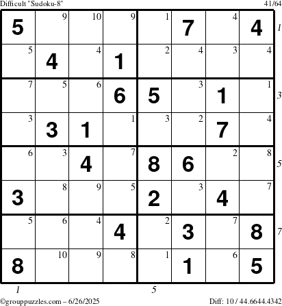 The grouppuzzles.com Difficult Sudoku-8 puzzle for Thursday June 26, 2025 with all 10 steps marked