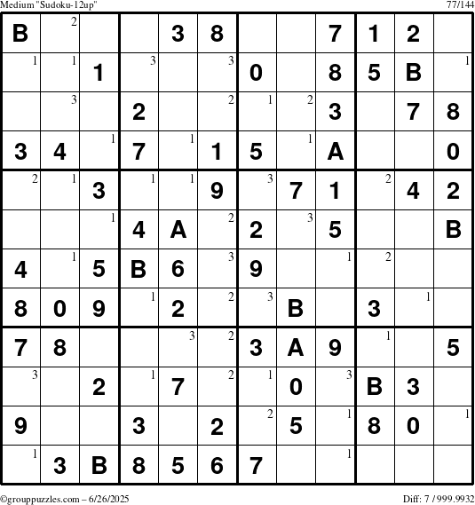 The grouppuzzles.com Medium Sudoku-12up puzzle for Thursday June 26, 2025 with the first 3 steps marked