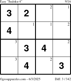 The grouppuzzles.com Easy Sudoku-4 puzzle for Tuesday June 3, 2025 with the first 3 steps marked