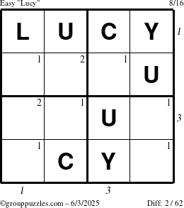 The grouppuzzles.com Easy Lucy puzzle for Tuesday June 3, 2025, suitable for printing, with all 2 steps marked