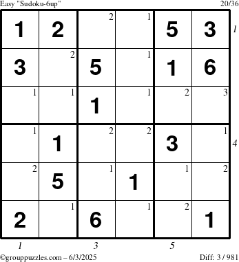 The grouppuzzles.com Easy Sudoku-6up puzzle for Tuesday June 3, 2025 with all 3 steps marked