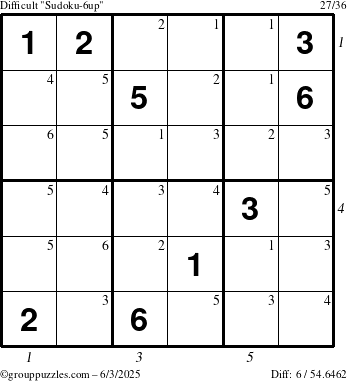 The grouppuzzles.com Difficult Sudoku-6up puzzle for Tuesday June 3, 2025 with all 6 steps marked