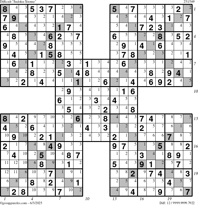 The grouppuzzles.com Difficult Sudoku-Xtreme puzzle for Tuesday June 3, 2025 with all 12 steps marked
