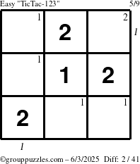 The grouppuzzles.com Easy TicTac-123 puzzle for Tuesday June 3, 2025 with all 2 steps marked