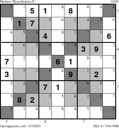 The grouppuzzles.com Medium HyperSudoku-X puzzle for Tuesday June 3, 2025, suitable for printing, with all 8 steps marked