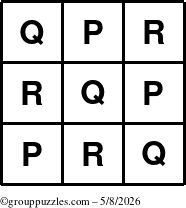 The grouppuzzles.com Answer grid for the TicTac-PQR puzzle for Friday May 8, 2026