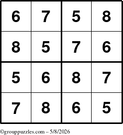 The grouppuzzles.com Answer grid for the Sudoku-4-5678 puzzle for Friday May 8, 2026