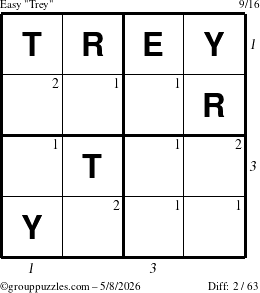 The grouppuzzles.com Easy Trey puzzle for Friday May 8, 2026 with all 2 steps marked