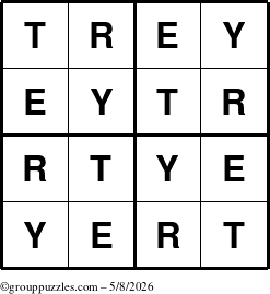 The grouppuzzles.com Answer grid for the Trey puzzle for Friday May 8, 2026