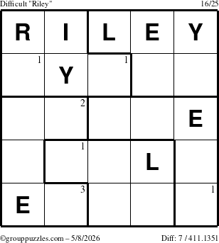 The grouppuzzles.com Difficult Riley puzzle for Friday May 8, 2026 with the first 3 steps marked