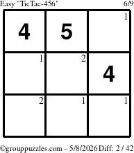The grouppuzzles.com Easy TicTac-456 puzzle for Friday May 8, 2026 with the first 2 steps marked