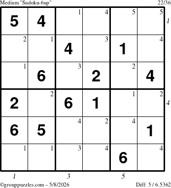 The grouppuzzles.com Medium Sudoku-6up puzzle for Friday May 8, 2026, suitable for printing, with all 5 steps marked