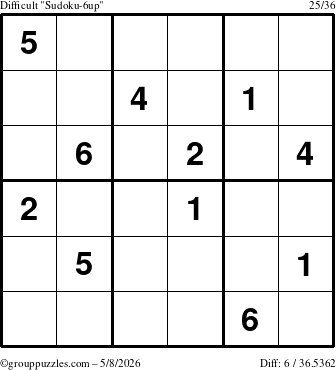 The grouppuzzles.com Difficult Sudoku-6up puzzle for Friday May 8, 2026