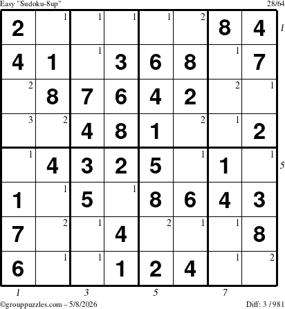 The grouppuzzles.com Easy Sudoku-8up puzzle for Friday May 8, 2026 with all 3 steps marked