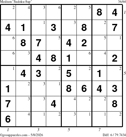 The grouppuzzles.com Medium Sudoku-8up puzzle for Friday May 8, 2026, suitable for printing, with all 6 steps marked