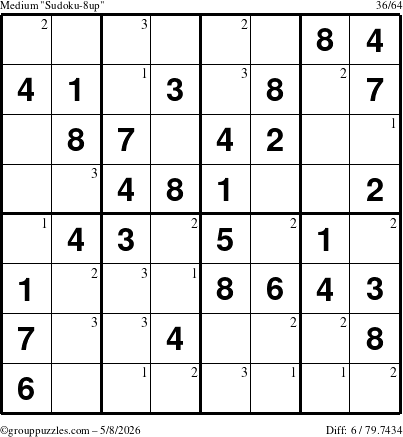 The grouppuzzles.com Medium Sudoku-8up puzzle for Friday May 8, 2026 with the first 3 steps marked