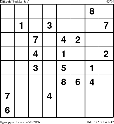 The grouppuzzles.com Difficult Sudoku-8up puzzle for Friday May 8, 2026