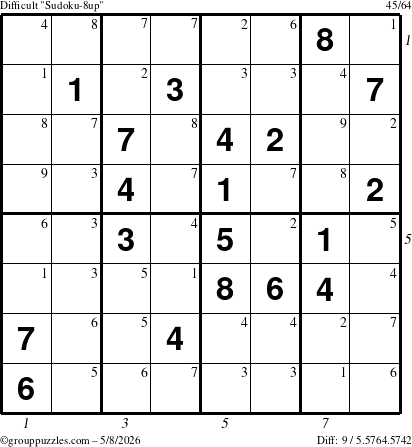The grouppuzzles.com Difficult Sudoku-8up puzzle for Friday May 8, 2026, suitable for printing, with all 9 steps marked