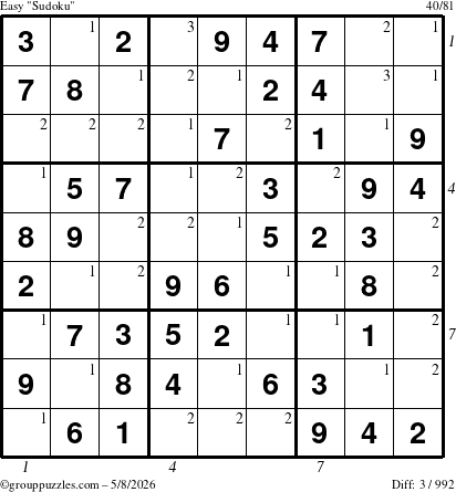 The grouppuzzles.com Easy Sudoku puzzle for Friday May 8, 2026, suitable for printing, with all 3 steps marked