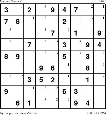 The grouppuzzles.com Medium Sudoku puzzle for Friday May 8, 2026 with the first 3 steps marked