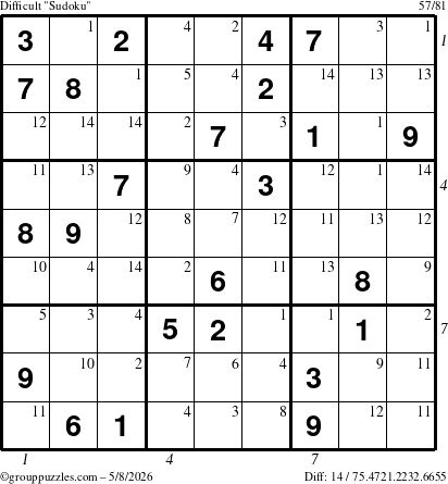The grouppuzzles.com Difficult Sudoku puzzle for Friday May 8, 2026 with all 14 steps marked