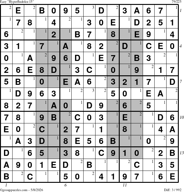 The grouppuzzles.com Easy HyperSudoku-15 puzzle for Friday May 8, 2026, suitable for printing, with all 3 steps marked
