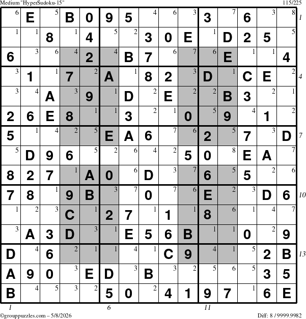 The grouppuzzles.com Medium HyperSudoku-15 puzzle for Friday May 8, 2026, suitable for printing, with all 8 steps marked