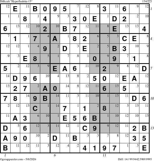 The grouppuzzles.com Difficult HyperSudoku-15 puzzle for Friday May 8, 2026, suitable for printing, with all 14 steps marked