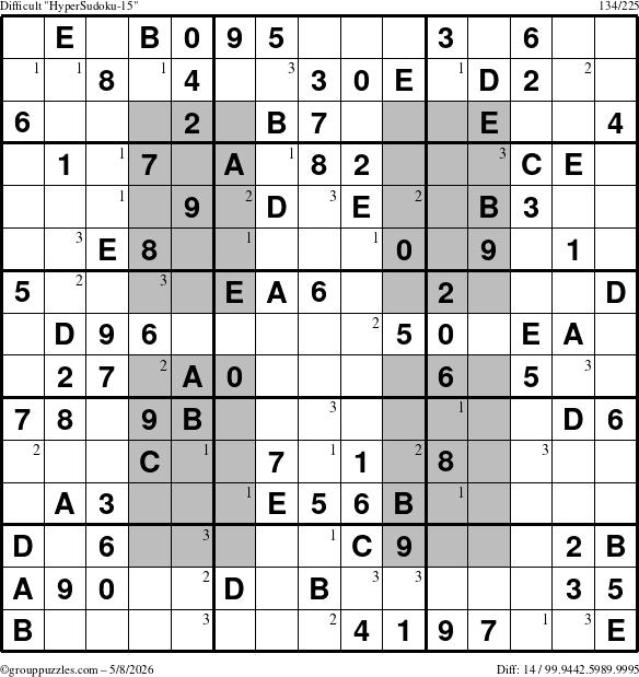 The grouppuzzles.com Difficult HyperSudoku-15 puzzle for Friday May 8, 2026 with the first 3 steps marked